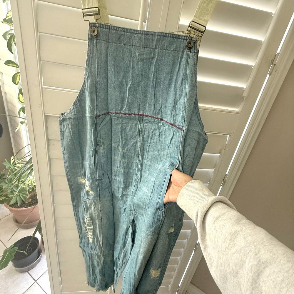 Women’s Loose Fit Denim Dungarees Baggy Jumpsuit, Distressed Wide Leg Overalls